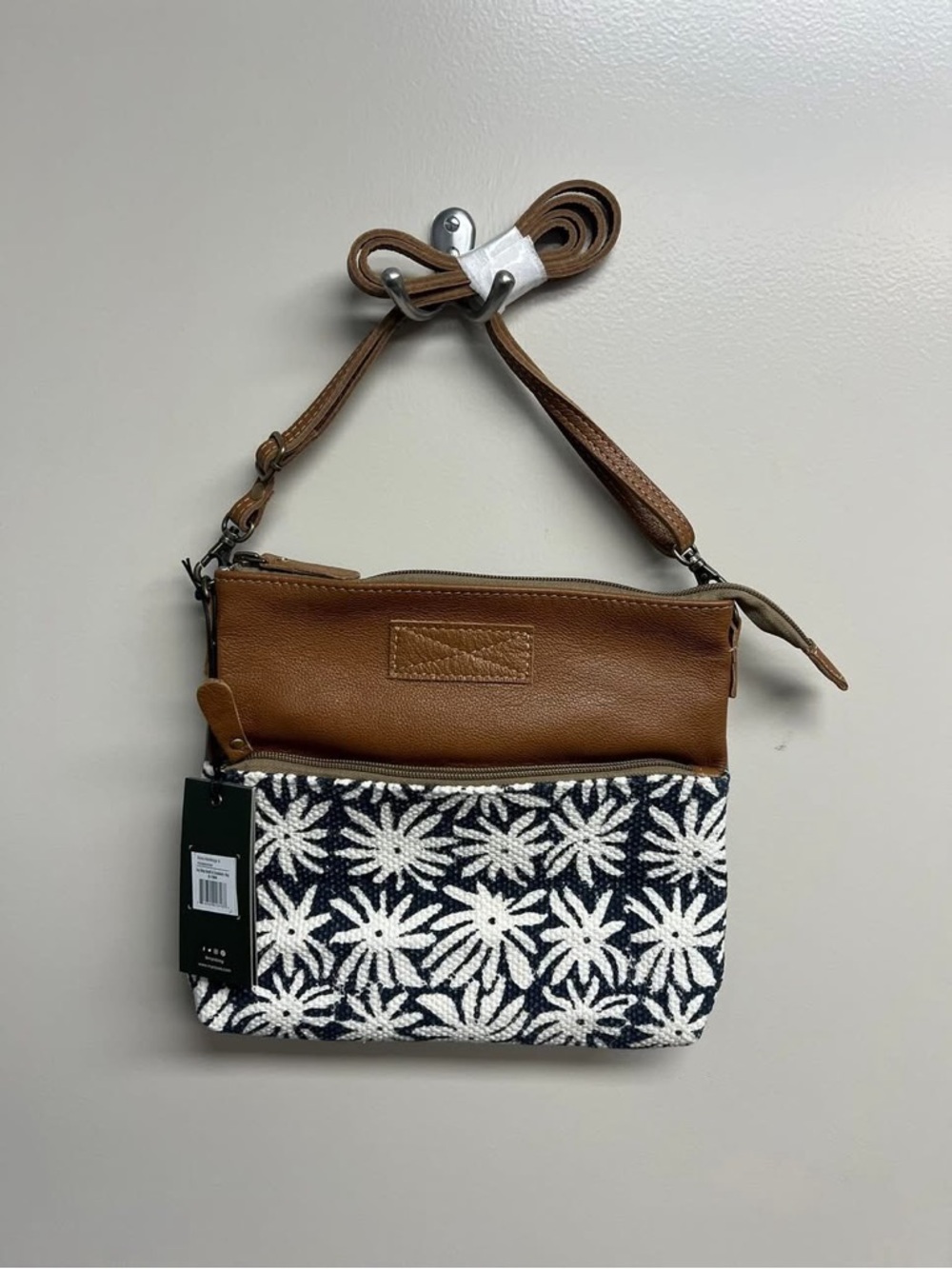 Myra Bag Brown Leather & Navy White Floral Crossbody